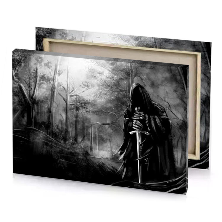 a man in black robe standing the woods gray canvas
