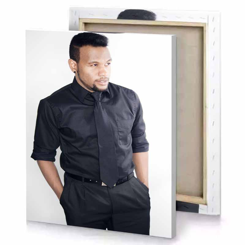a man in black shirt and tie white smoke canvas