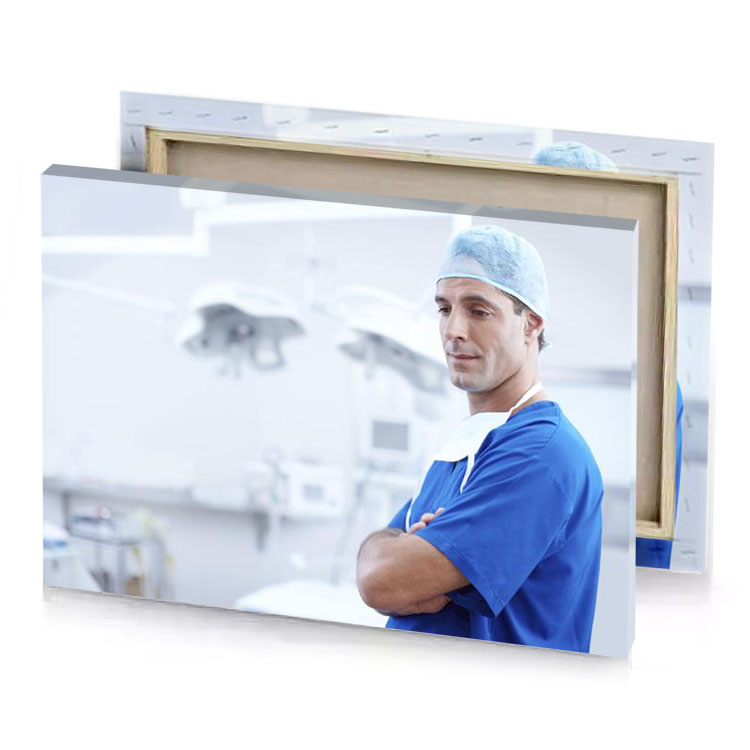 a man in blue scrub suit lavender canvas