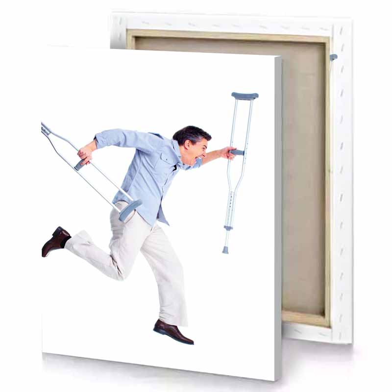 a man in blue shirt is jumping with stick light steel canvas