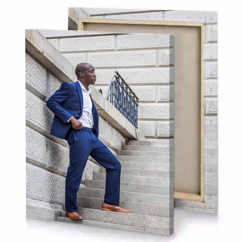a man in blue suit and brown shoes midnight canvas