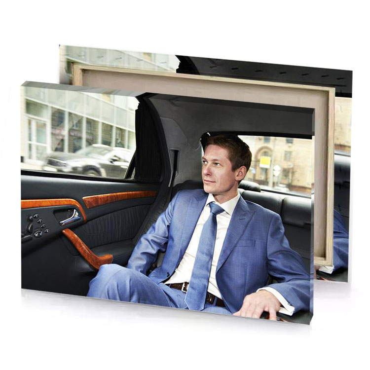 a man in blue suit sitting car bistre canvas