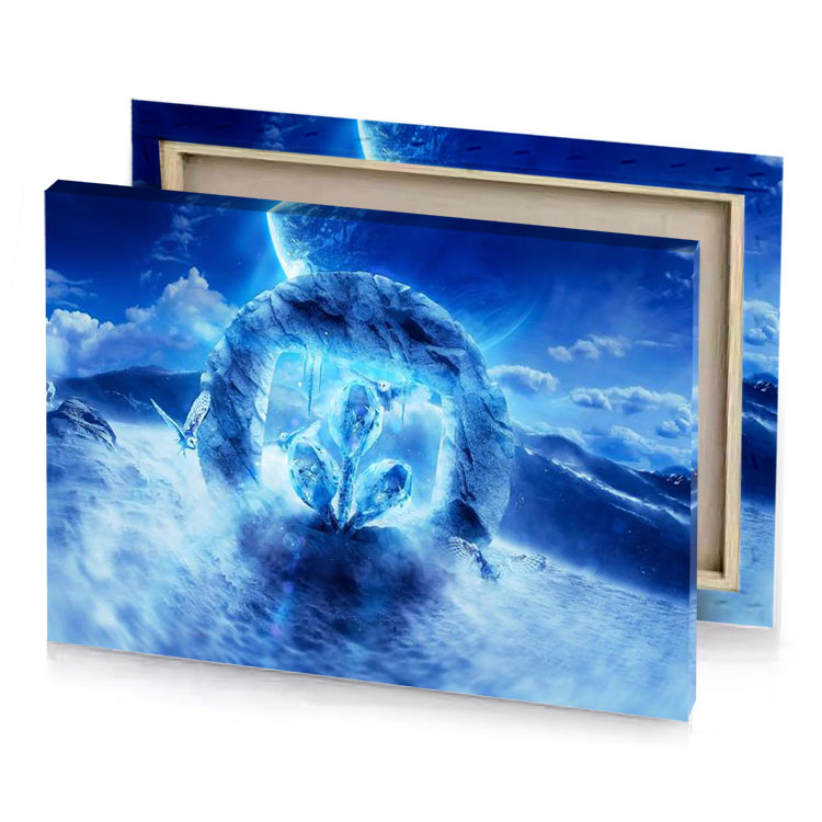 a man in blue suit standing the snow lapis lazuli canvas
