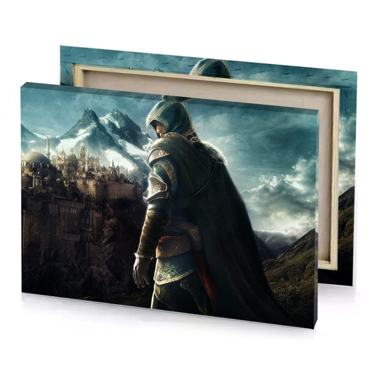 a man in cloak stands on hill with castle the smoky black canvas