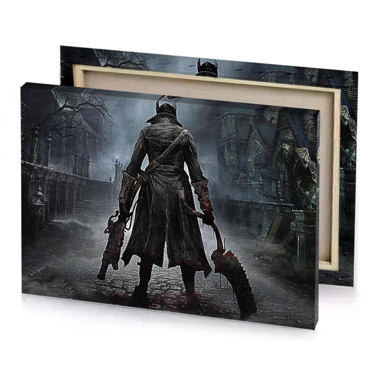 a man in dark alley with knife and dim gray canvas