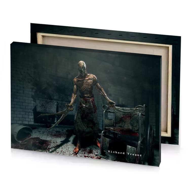 a man in dark room with blood on the floor bistre canvas