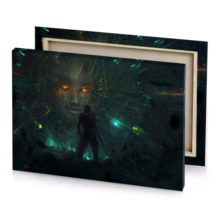 a man in dark room with green light bistre canvas