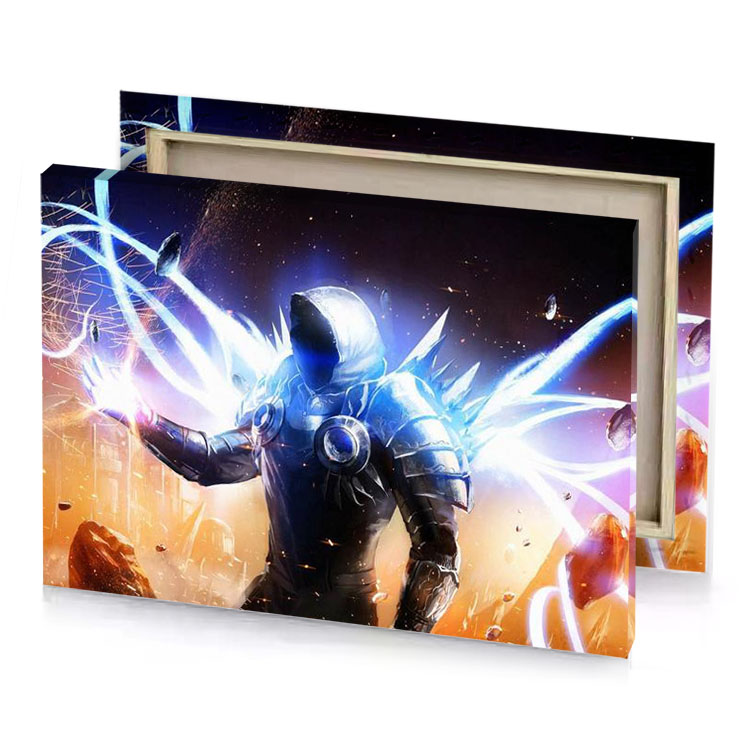 a man in futuristic suit with wings smoky black canvas