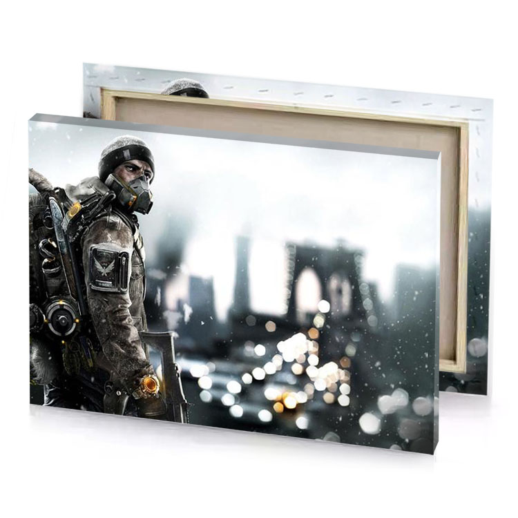 a man in gas mask and suit stands front of ghost white canvas