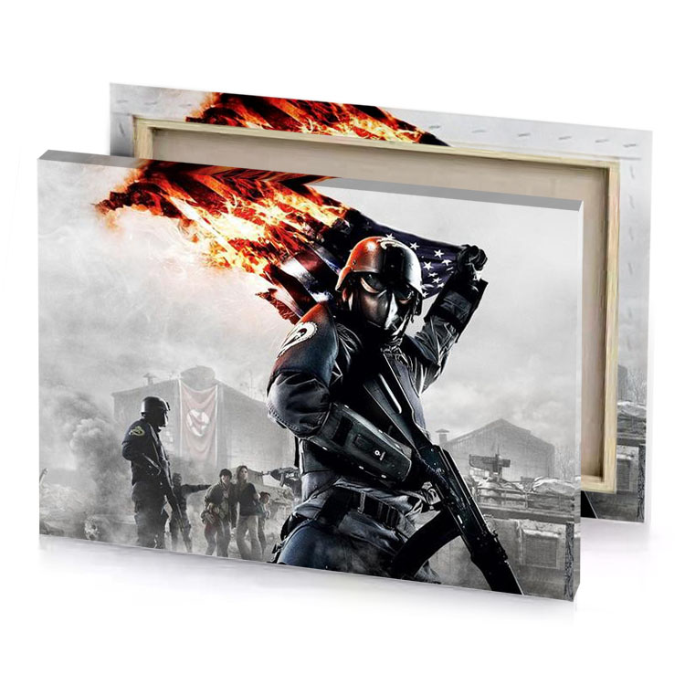 a man in gas mask holding fire smoky black canvas