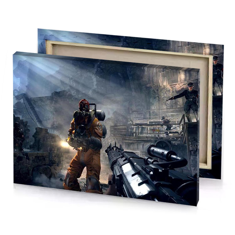 a man in gas mask holding gun ruined building gray canvas