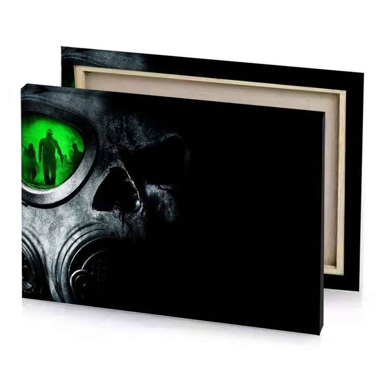 a man in gas mask with green light on his smoky black canvas