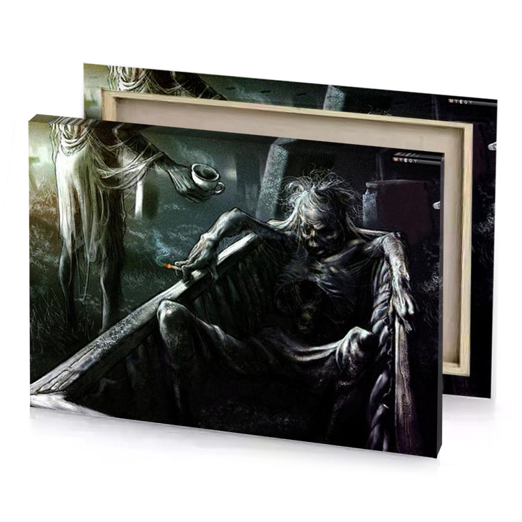 a man in graveyard with knife and woman dress smoky black canvas
