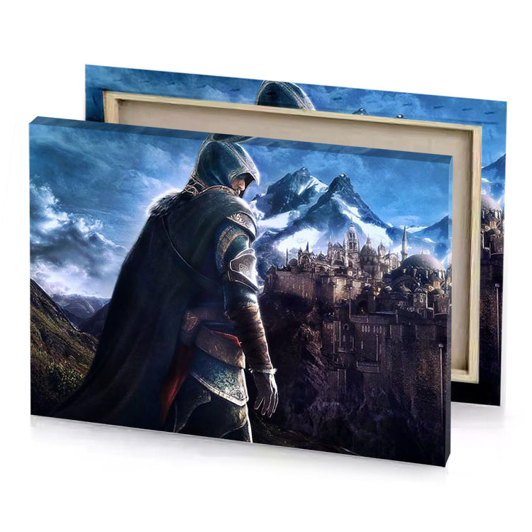 a man in hoodedy outfit stands on hill with castle smoky black canvas