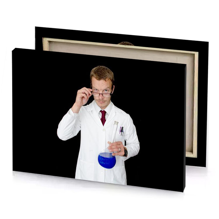 a man in lab coat holding blue liquid black canvas