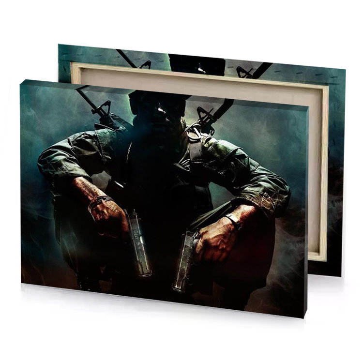 a man in mask holding two guns smoky black canvas