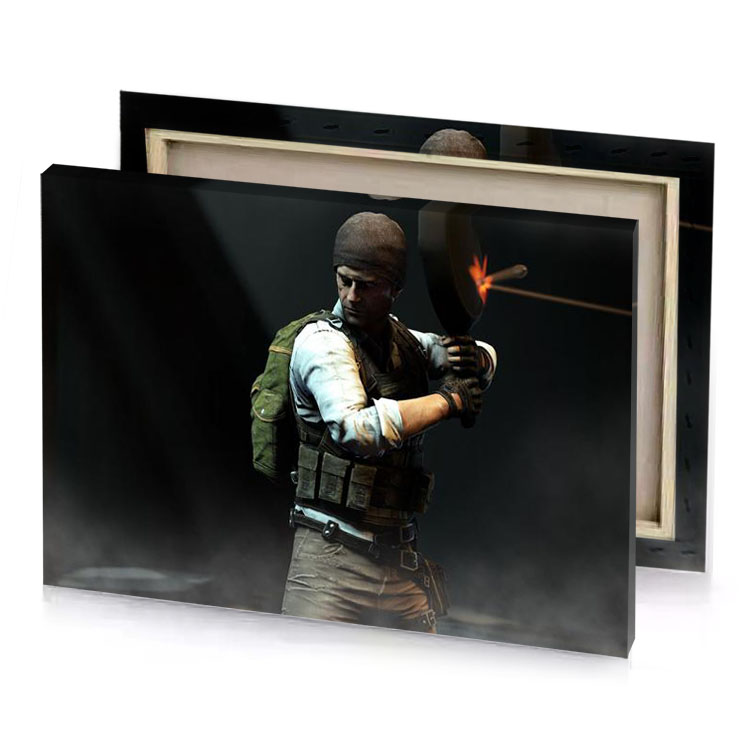 a man in military uniform holding gun smoky black canvas