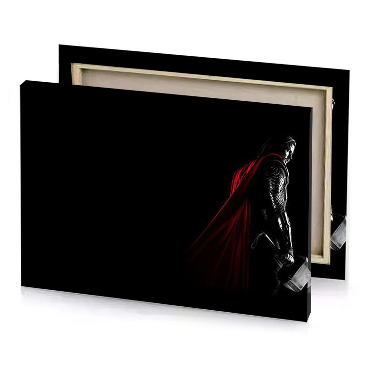 a man in red caper standing the dark burgundy canvas