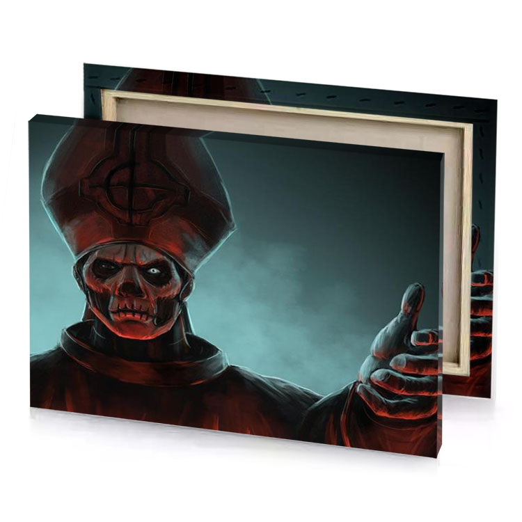 a man in red hood and black with on his cadet blue canvas