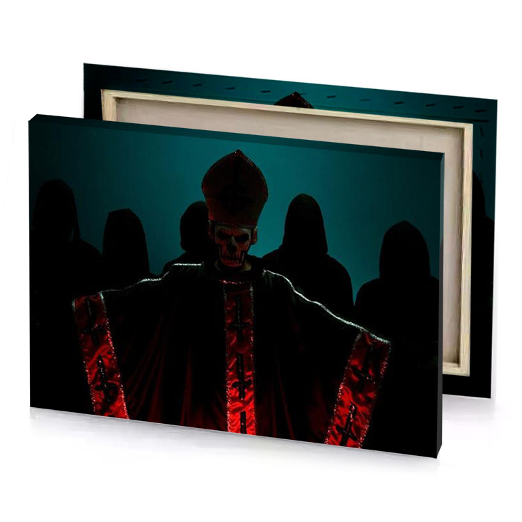 a man in red robe and black hoodie stands front prussian blue canvas