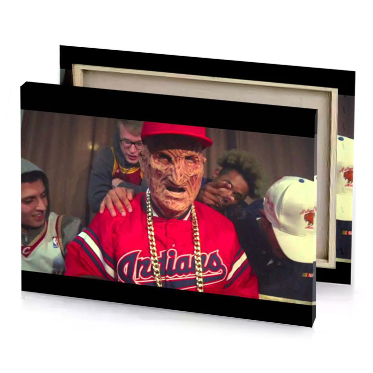 a man in red shirt and baseball hat smoky black canvas