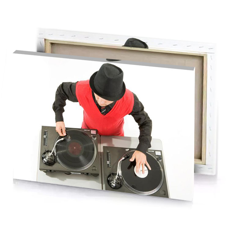 a man in red shirt and black hat playing turntable vermilion canvas