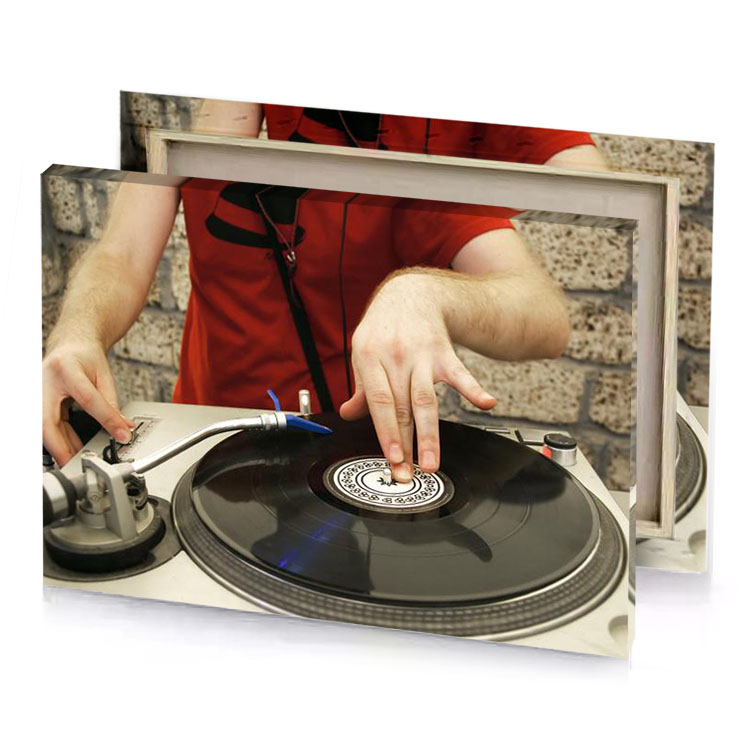 a man in red shirt is playing record burgundy canvas