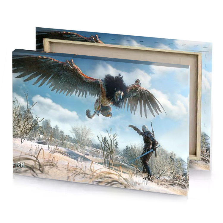 a man in snowy landscape with an eagle flying above light steel blue canvas