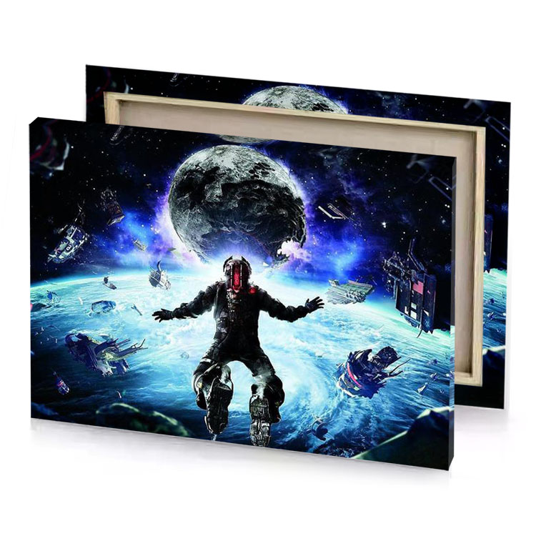 a man in space suit standing on planet light cyan canvas