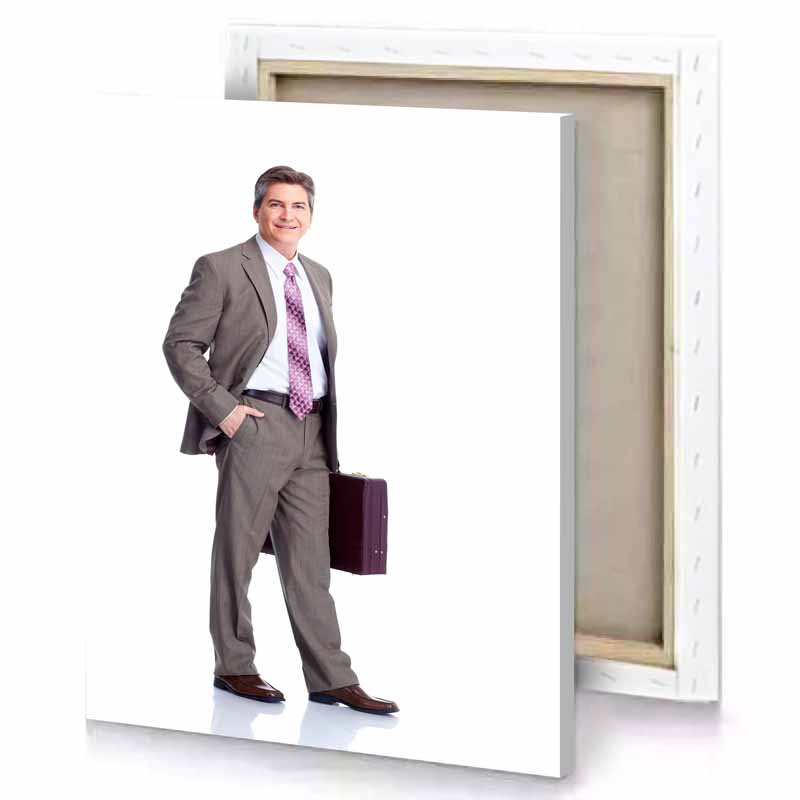 a man in suit and tie holding briefcase gray canvas
