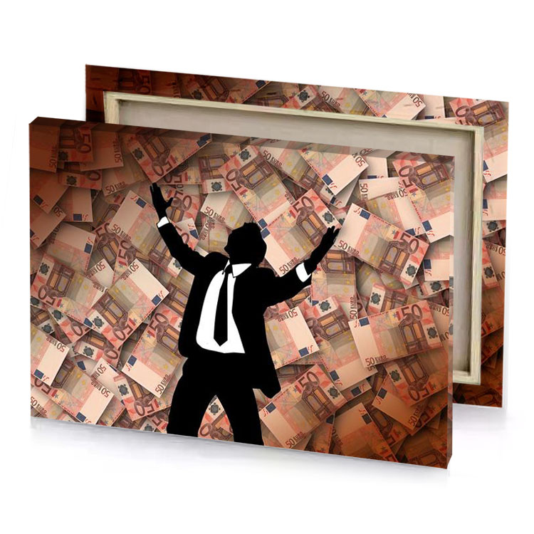 a man in suit and tie standing front of pile black canvas