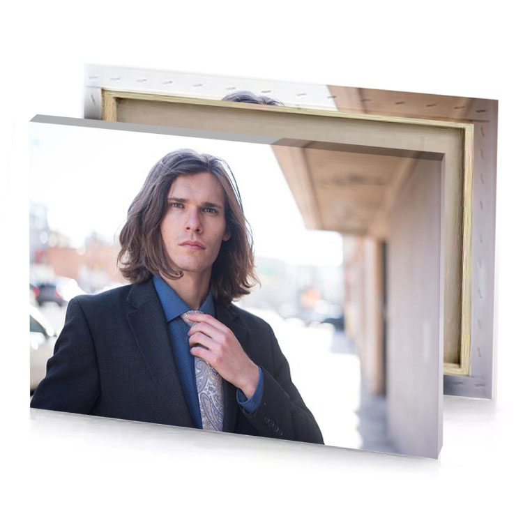 a man in suit and tie standing on sidewalk white smoke canvas