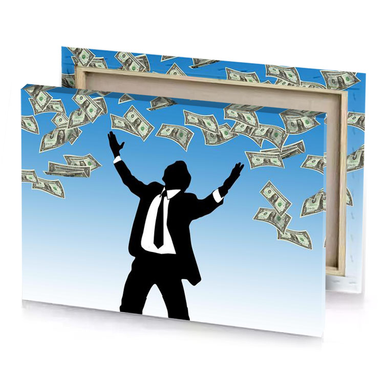 a man in suit and tie throwing money black canvas