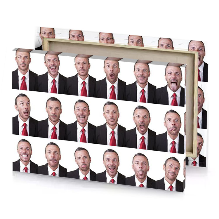 a man in suit and tie with many expressions snow canvas