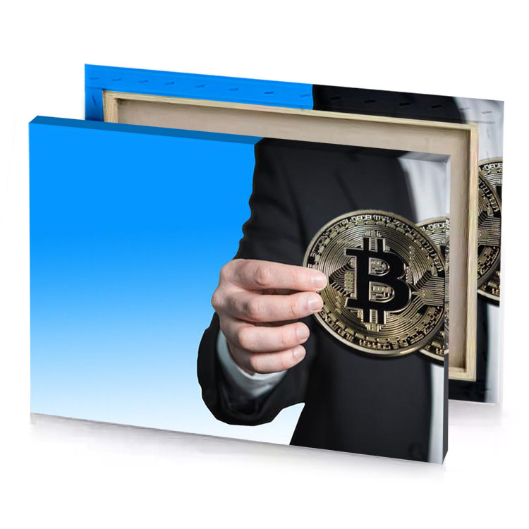 a man in suit holding bit coin dodger blue canvas