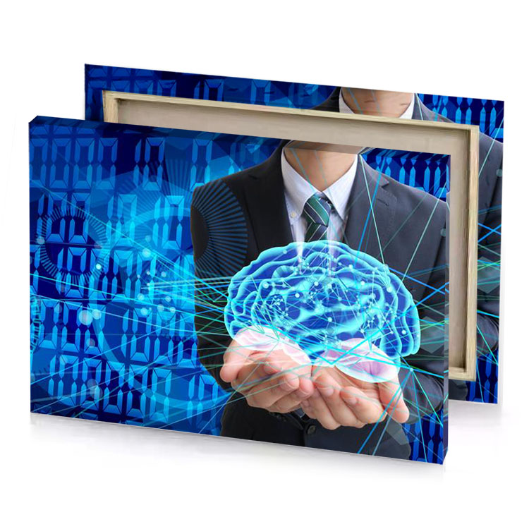 a man in suit holding brain maximum blue canvas