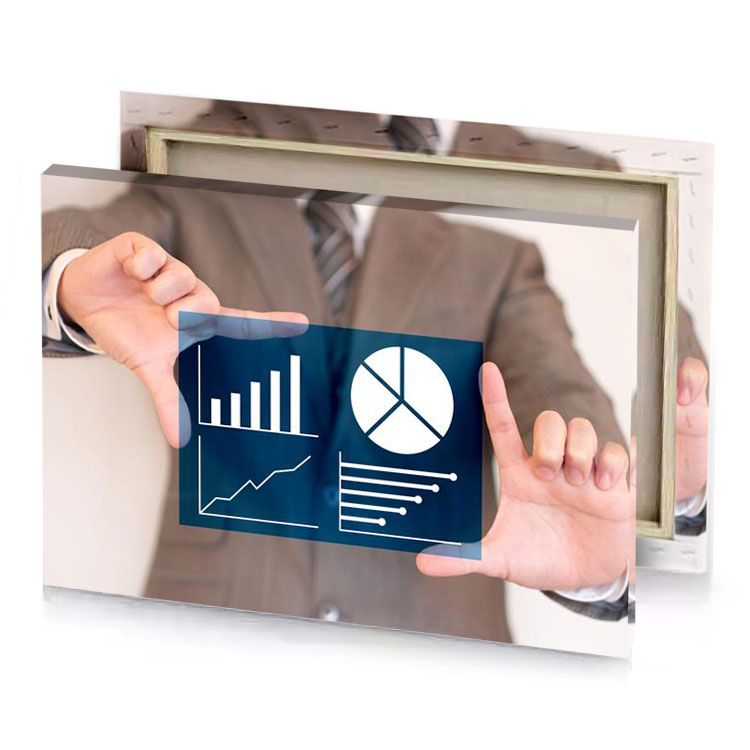 a man in suit holding business card prussian blue canvas