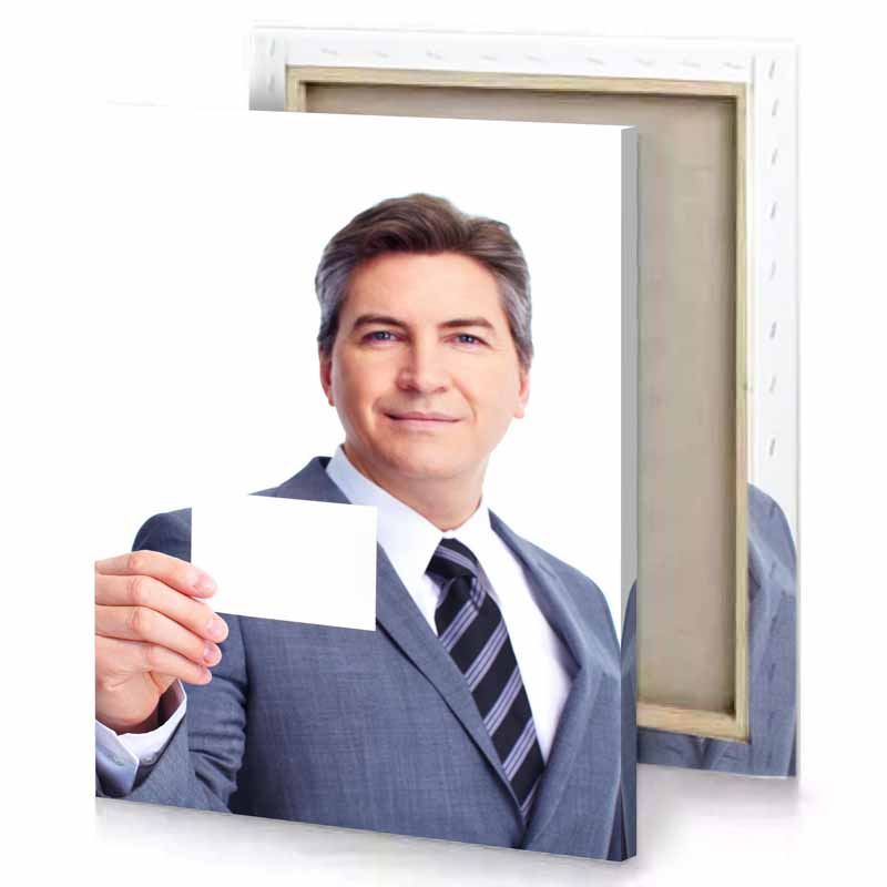 a man in suit holding business card white canvas