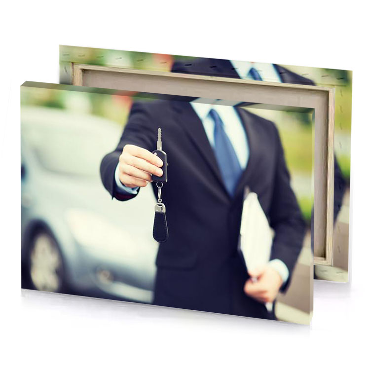 a man in suit holding car key bistre canvas