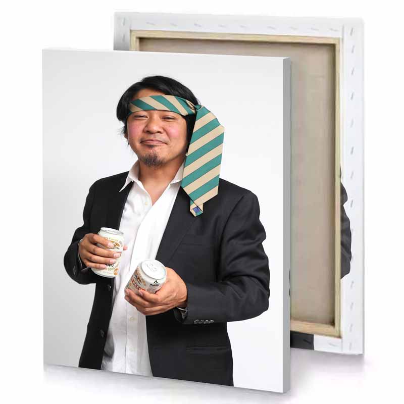 a man in suit holding cup and tie white smoke canvas
