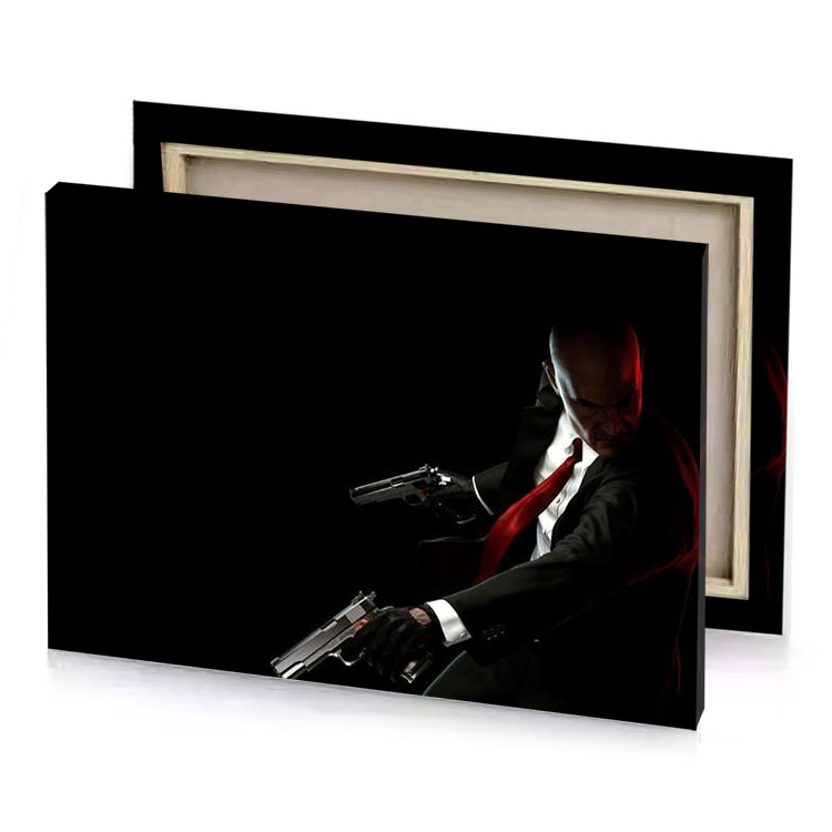 a man in suit holding gun smoky black canvas