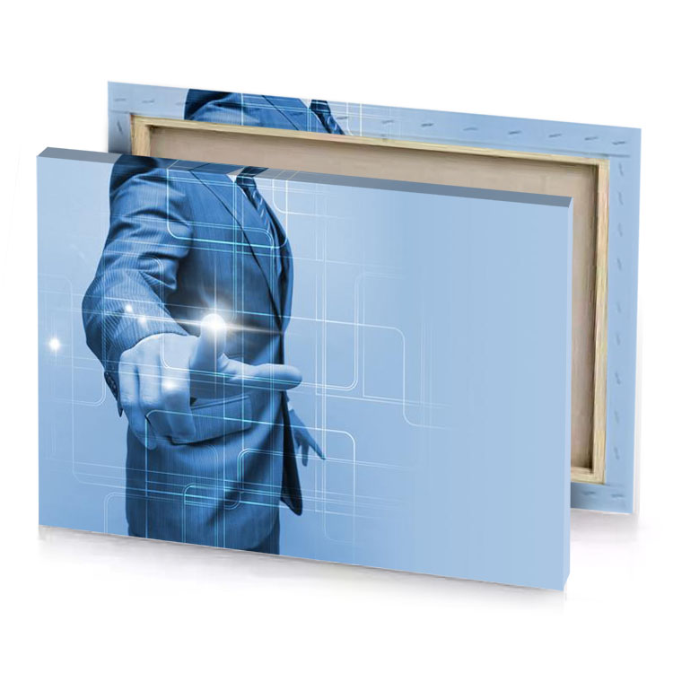 a man in suit holding tablet steel blue canvas
