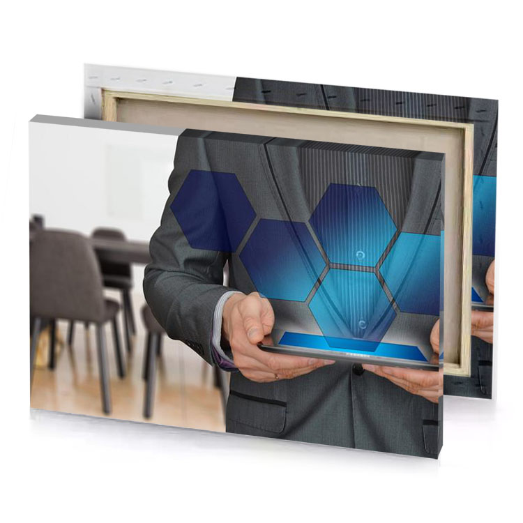 a man in suit holding tablet teal blue canvas