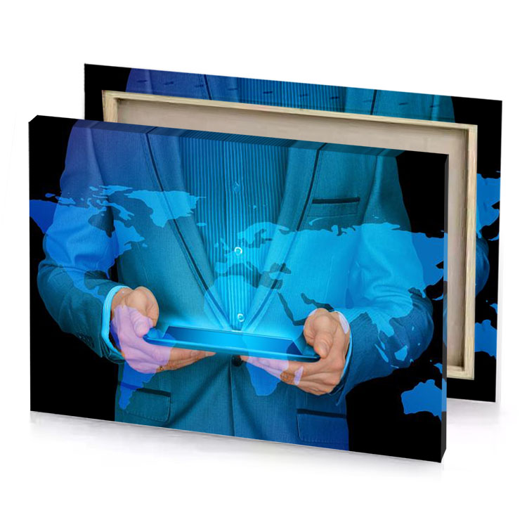 a man in suit holding tablet turquoise blue canvas
