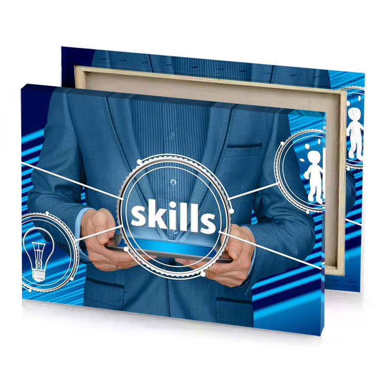 a man in suit holding tablet with the words skills blue sapphire canvas