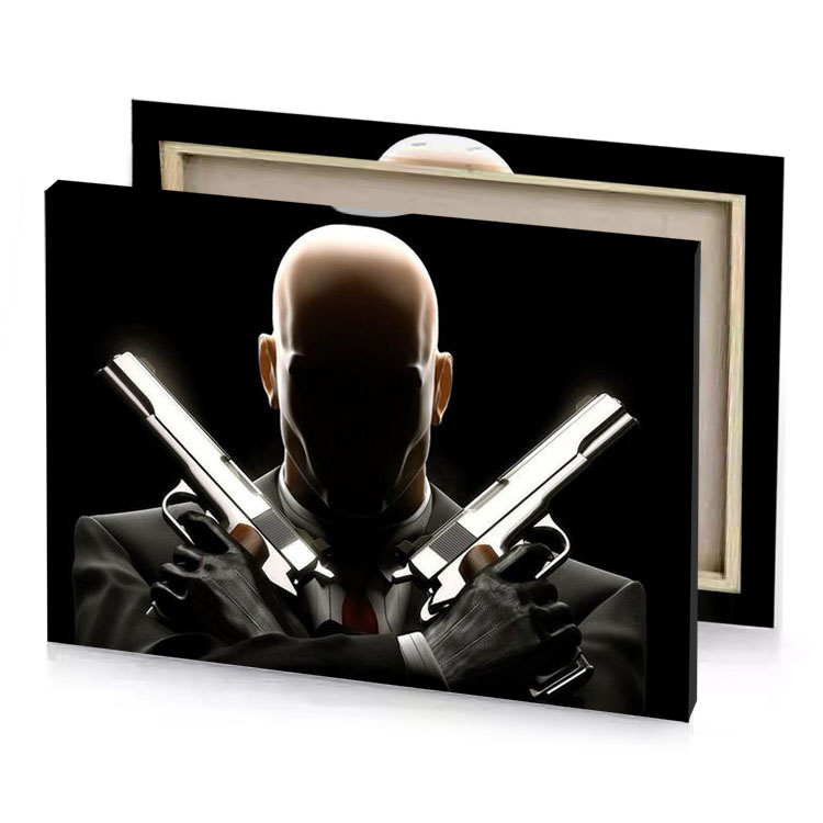 a man in suit holding two pistols white smoke canvas
