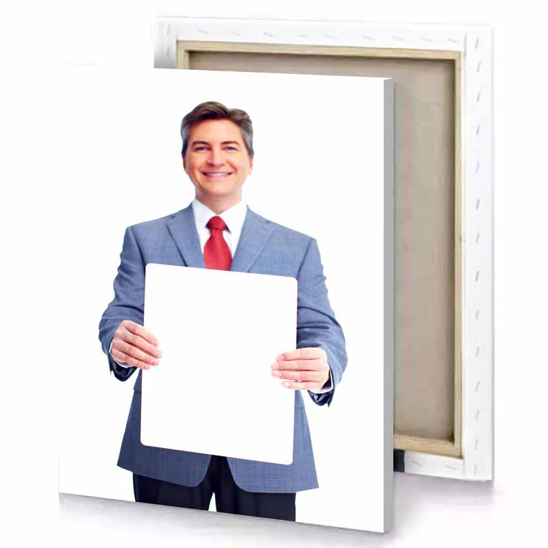 a man in suit holding white board canvas