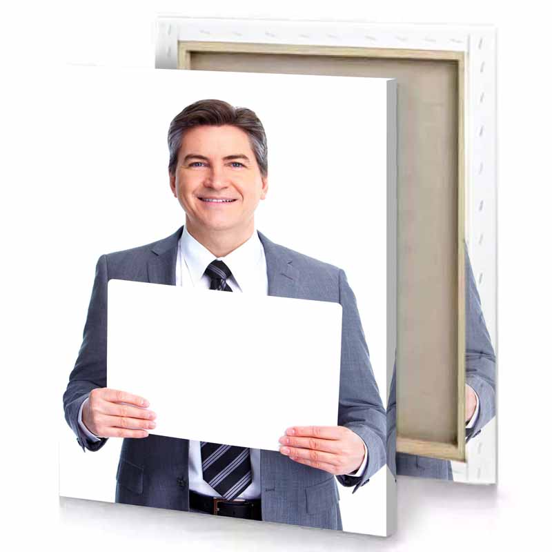 a man in suit holding white paper canvas