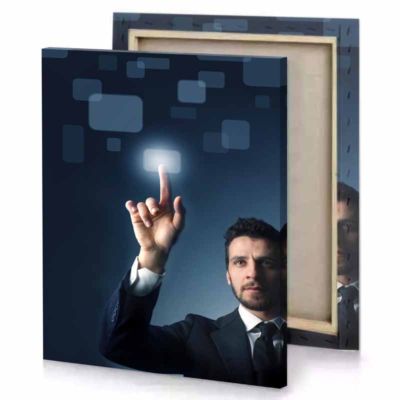 a man in suit is holding light smoky black canvas
