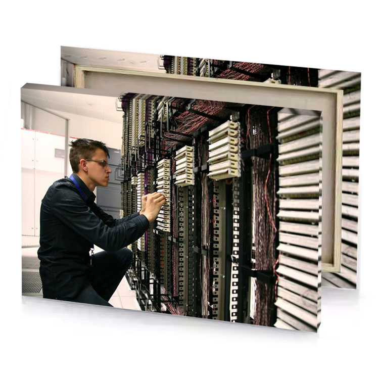 a man in suit is looking at computer smoky black canvas